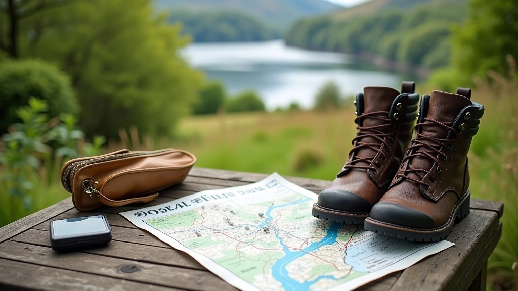 Detailed map and hiking boots on outdoor table with Kerry landscape in background